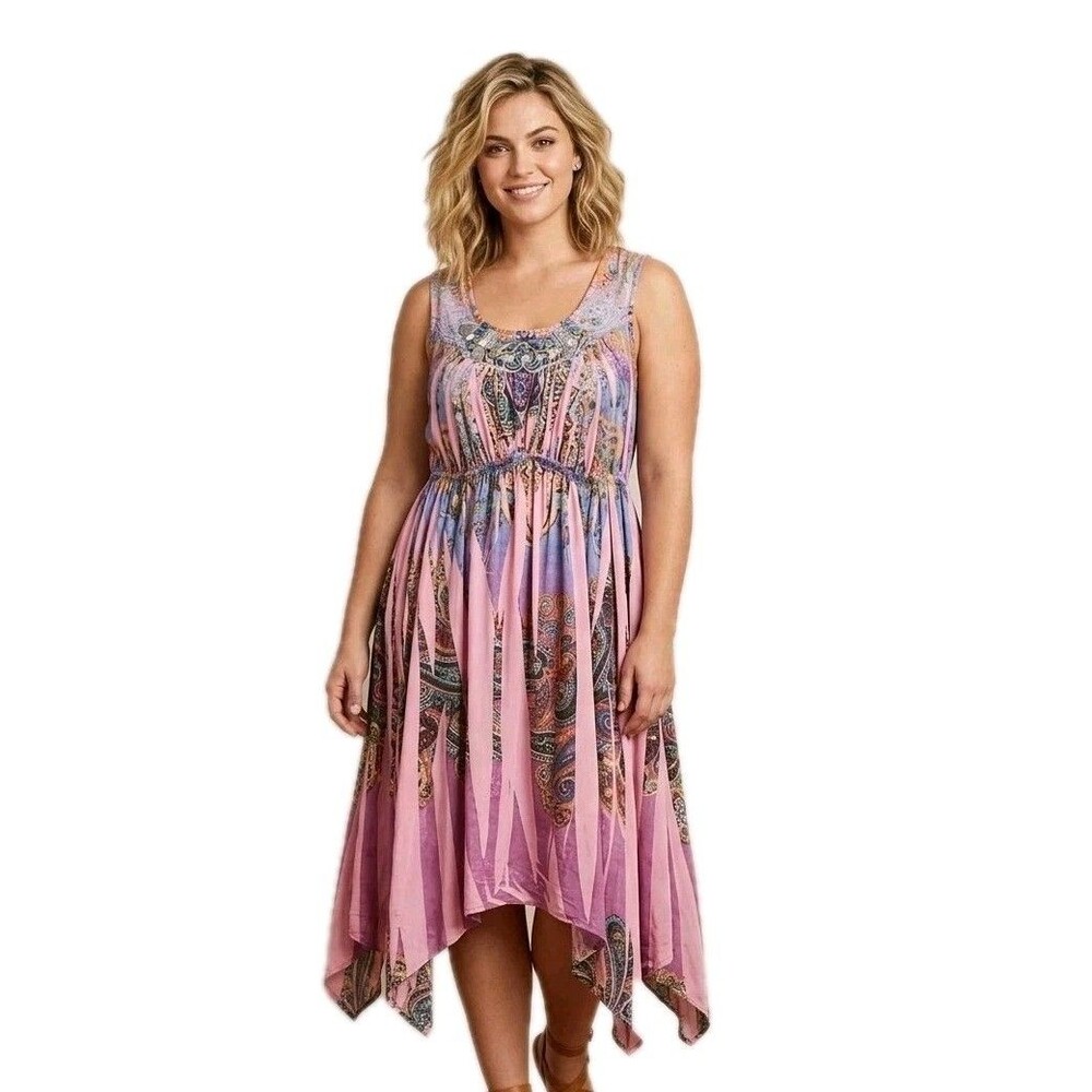 Apt 9 Dress Large Pink Paisley Sublimated Empire Waist Pullover Handkerchief Hem